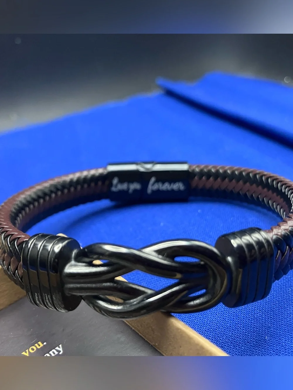 Joycuff Men’s Brown Infinity Knot Leather Bracelet with Engraved Clasp